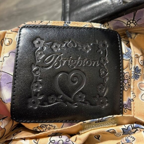 Brighton Debbie Black Tan Woven Leather Shoulder Bag Braided Handles Preppy - Picture 10 of 12